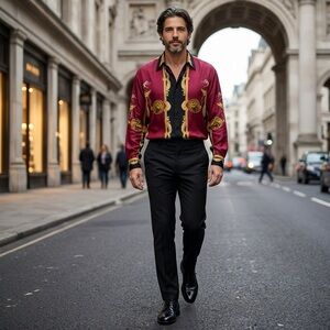 Vintage 90s Joey Richi Silk Shirt Baroque Horses Sinaloa Red Gold Mens M